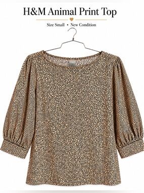 H&M Beige Animal Print Puff Sleeve Top Size Small NWT Chic Blouse